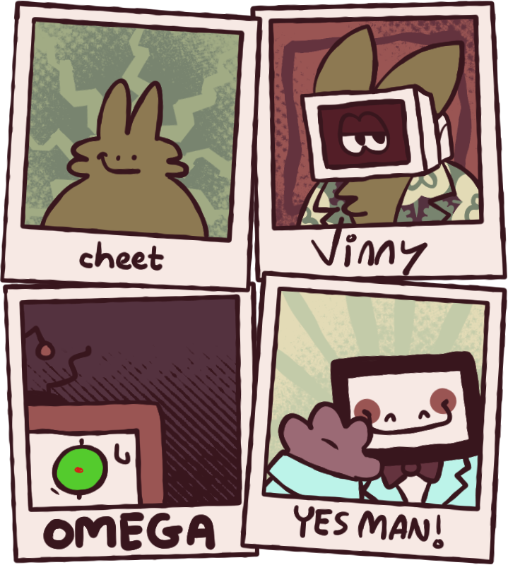 drawing of four polaroid photos featuring cheet, vinny, omega, and yes man