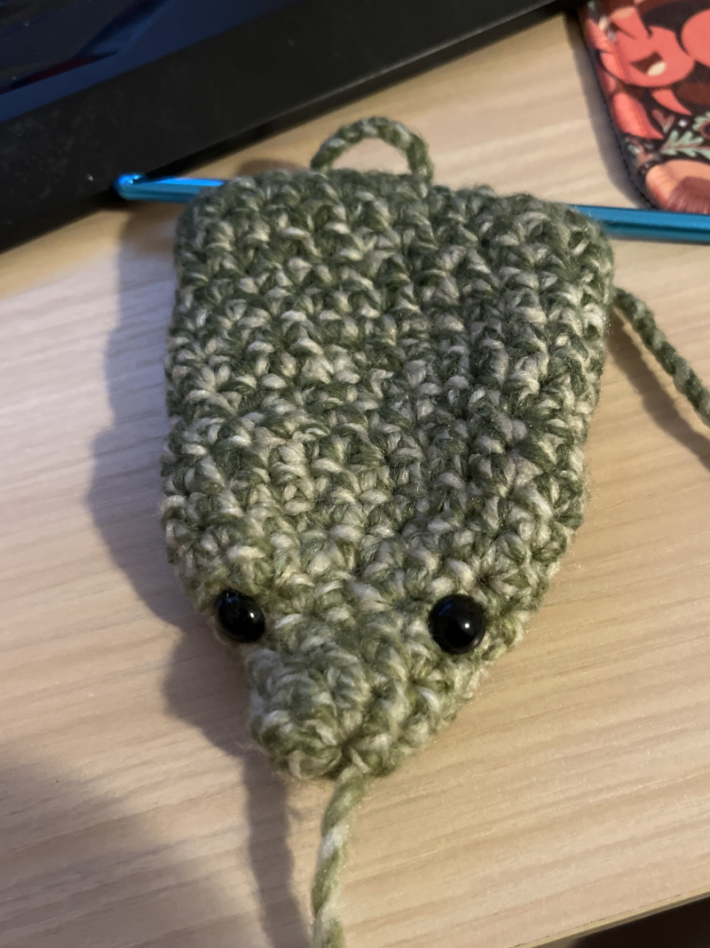 the unstuffed front half of a plush dinosaur with beady, black eyes. it is crocheted out of green-and-biege yarn. it's flattened out on a wooden desk.