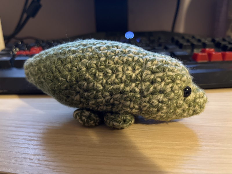 a side view of a plush dinosaur with beady, black eyes. it is crocheted out of green-and-biege yarn. it's roughly tube-shaped and has stubby feet attached to its underside.