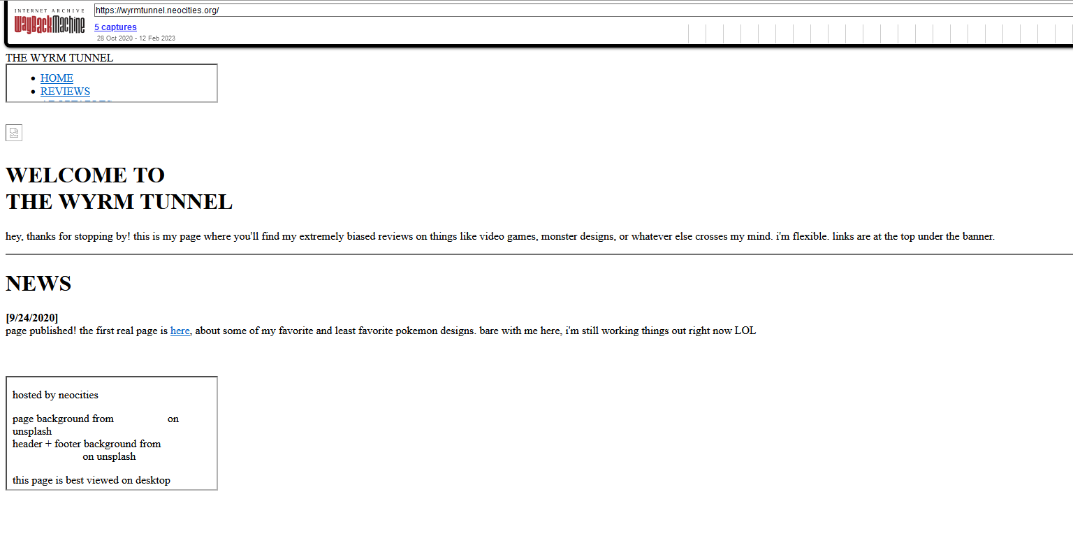 a screenshot of an archived webpage titled "WELCOME TO THE WYRM TUNNEL." the page is broken and lacks much of its original assets and styling, leaving it largely blank with a broken header image and boxes of disjointed text."