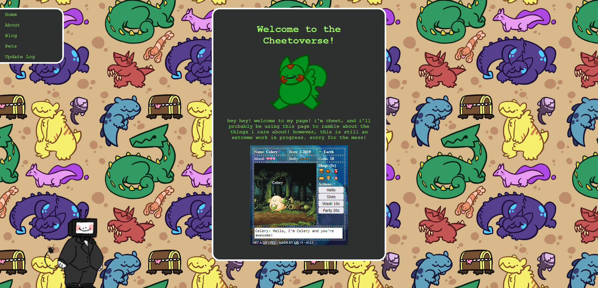 a screenshot of a website with a tiling background of colorful dragons and monsters and rounded, dark-grey boxes encompassing the main text of the page.  the page is an introduction to cheet's personal site. there is a pagedoll of a fat, green anthro creature with rabbit-like ears and a fluffy tail separating the header text and body text. an interactive pet featuring a shiny chansey named "celery" is underneath the body text. a desktop shimeji of byte - a fat robot with a dark grey suit and a black computer for a head - stands in the bottom-left corner.