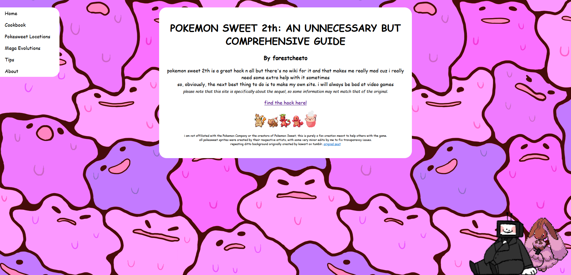 a screenshot of a website with a bright pink ditto-patterned background and rounded white boxes encompassing the main text of the page.  the page is an introduction to the site - a guide for the pokemon fire red rom hack pokemon sweet tooth - and features a few candy-themed edits of pokemon sprites as decoration. a desktop shimeji of byte - a fat robot with a dark grey suit and a black computer for a head - sits in the bottom-right corner next to a pink, cotton candy-themed lopunny sprite.