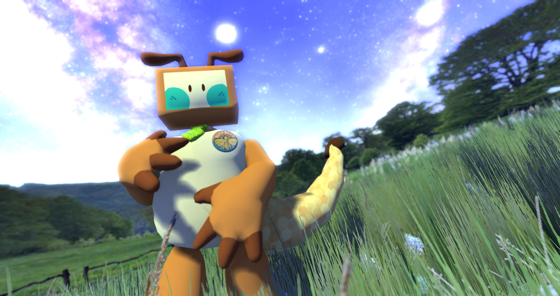 screenshot of an orange-and-yellow creature walking through a grassy field. the sky above shines with stars.