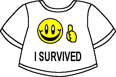 white t-shirt with a smiley face and thumbs up graphic over "I SURVIVED" text