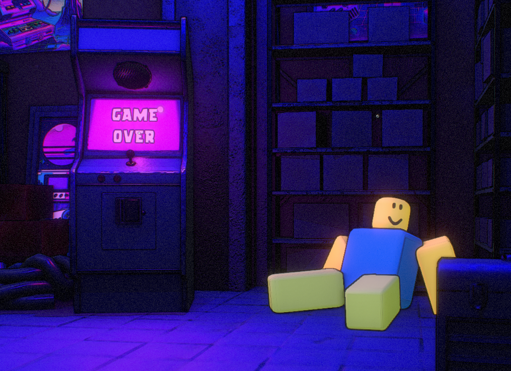 screenshot of a roblox noob sitting in a small storage room lit in deep blue. to their left is an arcade machine flashing a bright pink "GAME OVER" screen.