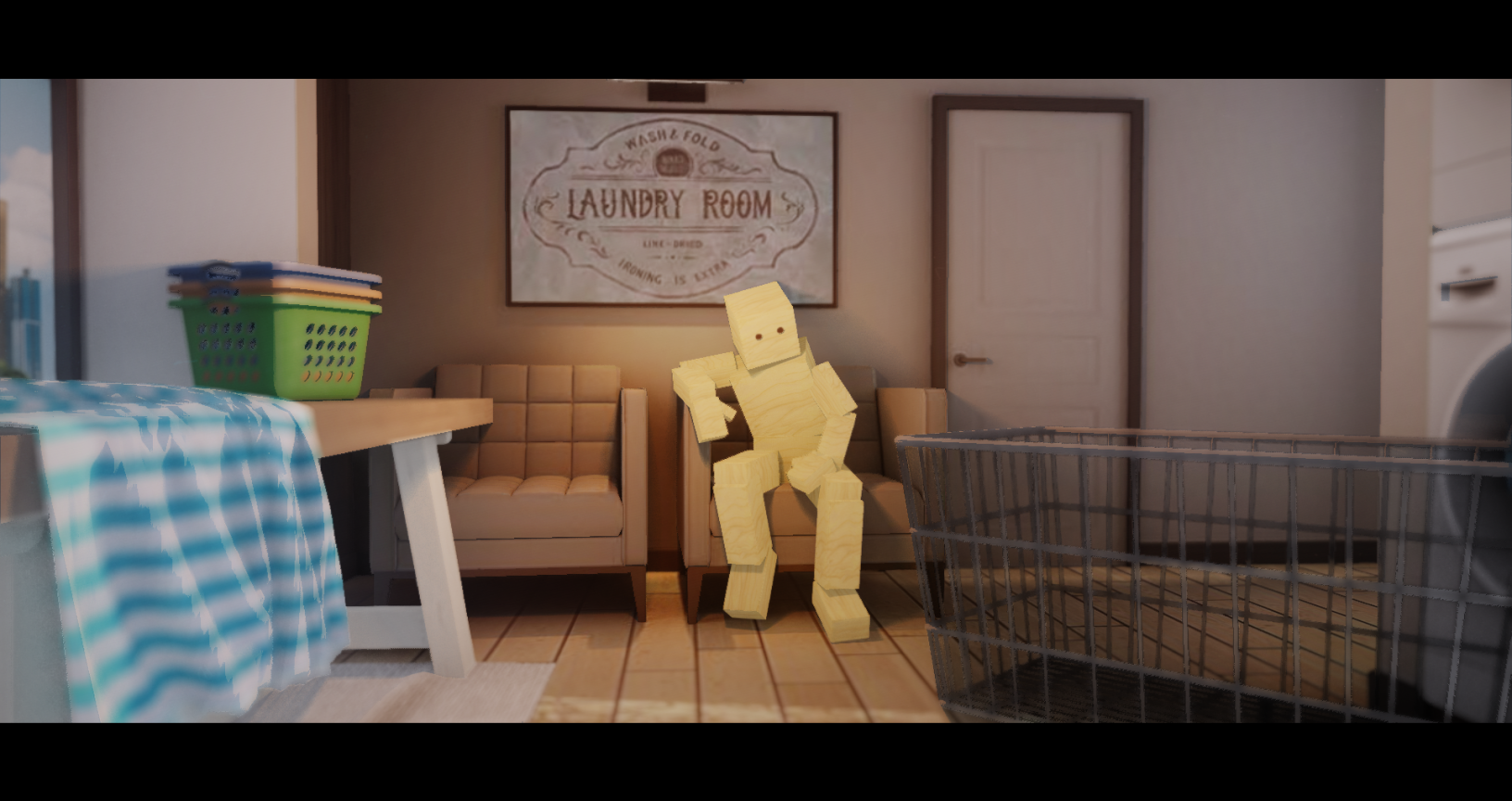 screenshot of an avatar made entirely of wooden cubes sitting in a laundromat.