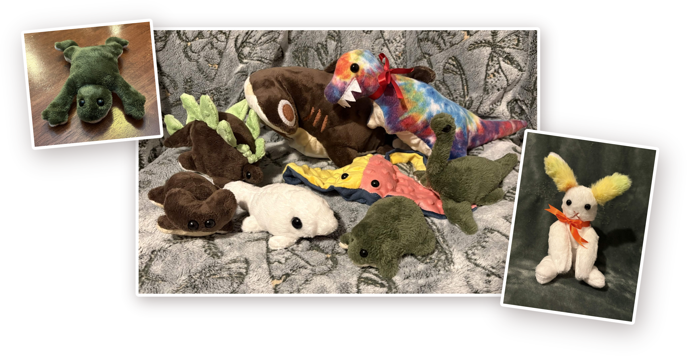 a collage of three photos of handmade plushies. from left to right, they are: a green frog, a brown diplocaulus, a grown-and-green stegosaurus, a white mosasaurus, a brown-and-cream hammerhead shark, a dot minky pink-yellow-blue manta ray, a smaller green frog, a rainbow tie-dye t-rex with a red neck ribbon, a green plesiosaur, and a white rabbit with an orange neck ribbon.
