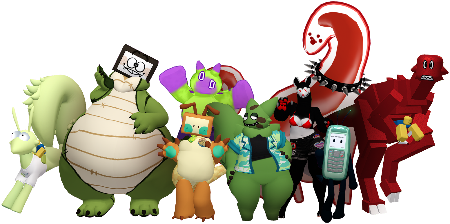 a lineup of several second life avatars in various styles. from left to right they are: a worm-on-a-string-themed pony creature, a fat dinosaur mascot suit with a computer monitor head, a green-and-purple mascot-like creature of indeterminate species, an orange and yellow creature with a tv head, Cheet, a very large white-and-red cellular alien, a black-and-white clown creature in a bikini top and patched shorts, a nokia cell phone with prim limbs and glowing bug antennas, and a roblox drakobloxxer holding a small noob.