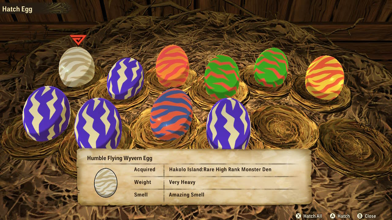 egg hatching screen showing several eggs with different colors and patterns in nests