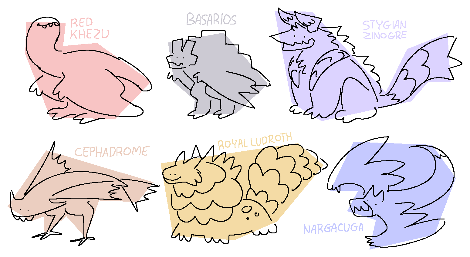 six crudely-drawn monsters labeled by name: red khezu, basarios, stygian zinogre, cephadrome, royal ludroth, and nargacuga. each one is filled in with a single solid shape of color