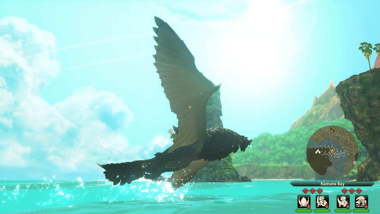 an ingame screenshot of the player flying on a bazelgeuse over a beach