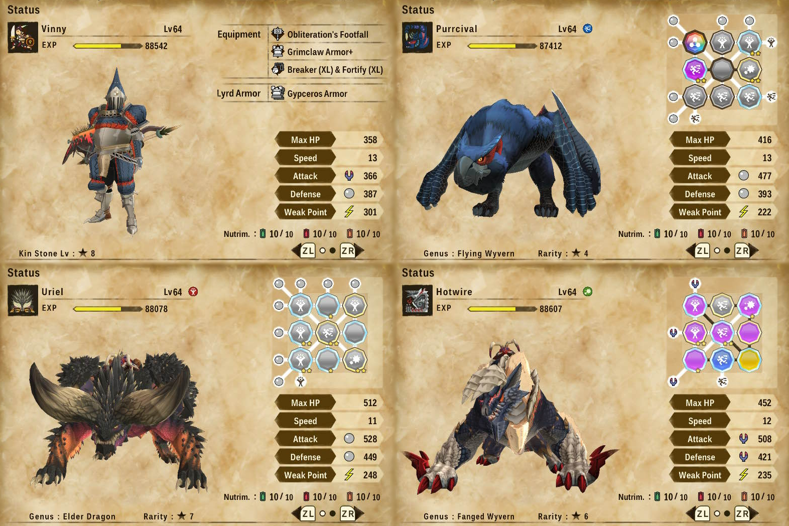 status pages for the player character, a nargacuga, a stygian zinogre, and a nergigante