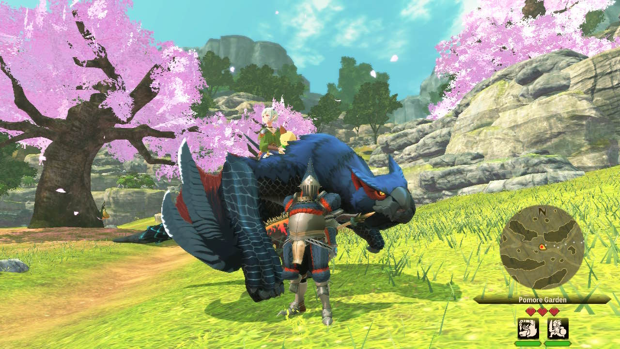 ingame screenshot of the player standing in front of a nargacuga in a field of cherry blossoms