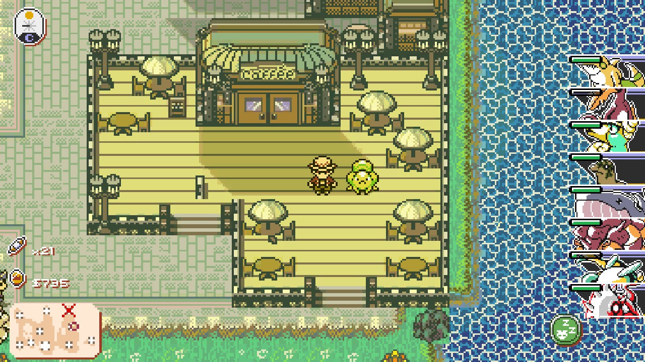 an ingame screenshot of monster crown's overworld. the player character is standing in front of a coffee shop with a green partner monster.