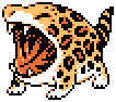 Megalico (Unstable), a stocky orange quadruped resembling a cross between a housecat and a basking shark. its mouth is open wide. its coat is covered in jaguar-like rosettes.