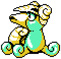 Nautlus, a cyan-and-yellow mollusk-like creature with four tentacle-like limbs and a beak. it has two shells - a curled one covering its back half and another shaped like a helmet on its head.