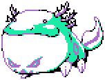 Saliskipper (Unstable), a fat axolotl-like creature with a big head and dopey smile. it is cyan, purple, and white.
