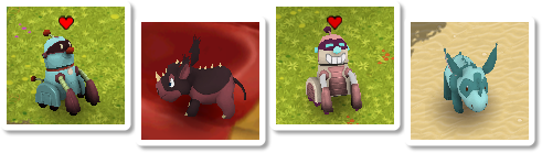 a set of four screenshots of wandering willows pets. from left to right: a blue, wheeled robot shaped roughly like a sitting dog, a black-and-magenta rhino-like creature with spikes, a pink variant of the dog-shaped robot with a big grin, and a cyan variant of the rhino-like creature with a darker mask marking around its eyes.