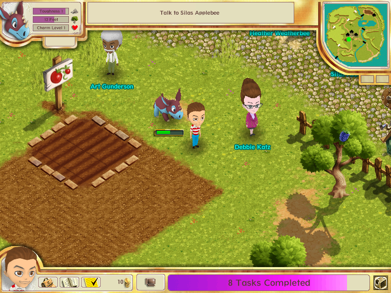 an ingame screenshot of wandering willows. the player character is standing next to a patch of farmland and is accompanied by a small, blue-and-magenta rhino-like creature.