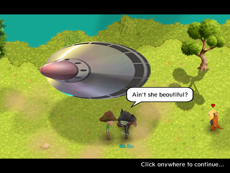 an ingame screenshot of wandering willows. a flying saucer appears during a cutscene, but it is rendered sideways and significantly stretched out.