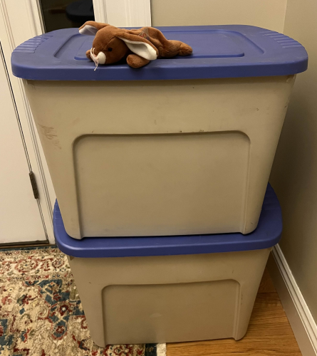 two large bins with a beanie baby on top